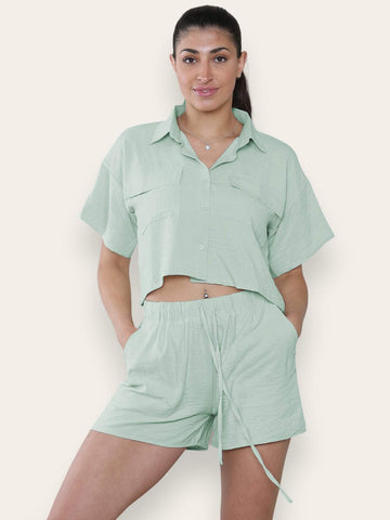 KATCH ME Versatile Solid Collared Flap Pocket Short Sleeve Shirt & Drawstring Waist Shorts Co-ord Co-ord